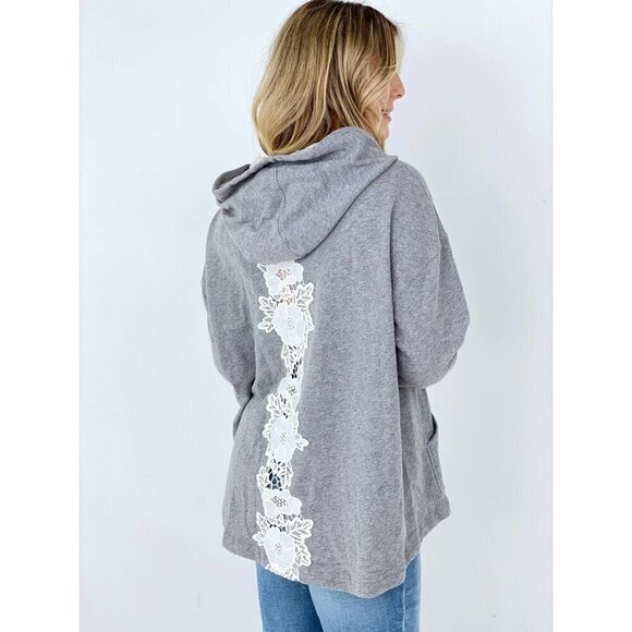 Mono B Gray Floral Lace Relaxed Fit Hoodie Sweatshirt S/M - Picture 1 of 6